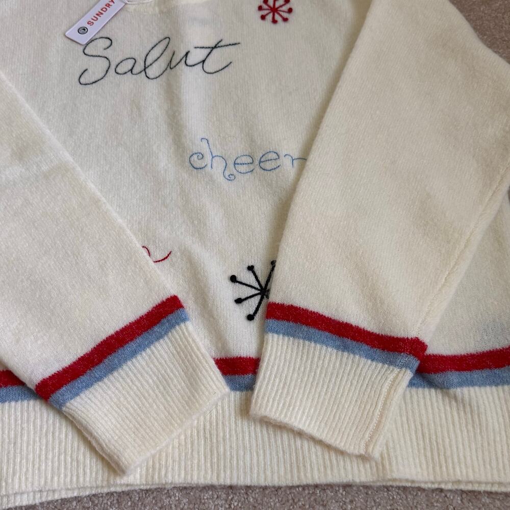 NWT SUNDRY Salut Cheers Soirée Embroidered Sweater Ivory Size Small - Picture 2 of 4